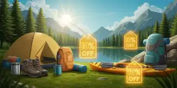 Illustration of diverse outdoor gear with 10% off tags during summer sales, set in a sunny mountain landscape.