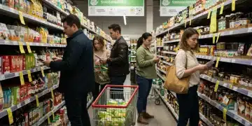 Consumers making sustainable purchasing choices in a grocery store