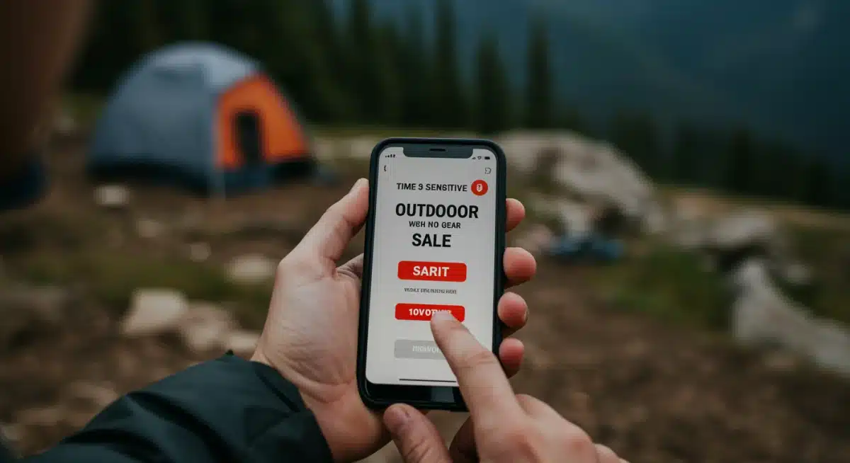 Person's hands holding a smartphone with a time-sensitive outdoor gear sale alert notification.