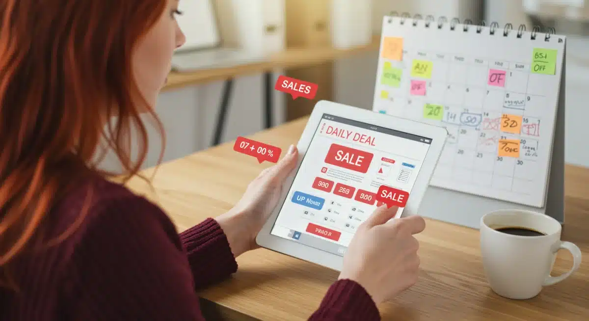 Person tracking daily deals on a tablet with calendar and coffee