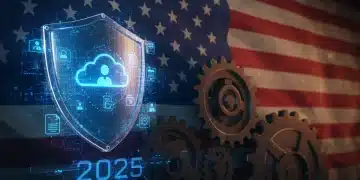 US Data Privacy: New Compliance for Businesses in 2025 Digital shield protecting data with US flag background, symbolizing new data privacy regulations in 2025.