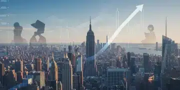 Dynamic city skyline representing a robust US economy impacting sales strategies