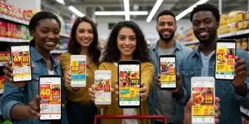 Top 5 Weekly Flyer Apps for US Shoppers in 2025: Analysis US shoppers using weekly flyer apps on smartphones in a grocery store aisle, saving money.