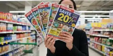 Person reviewing weekly grocery flyers for bulk buying deals in a supermarket aisle